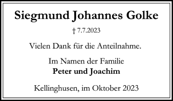 Traueranzeige von Siegmund Johannes Golke von Norddeutsche Rundschau