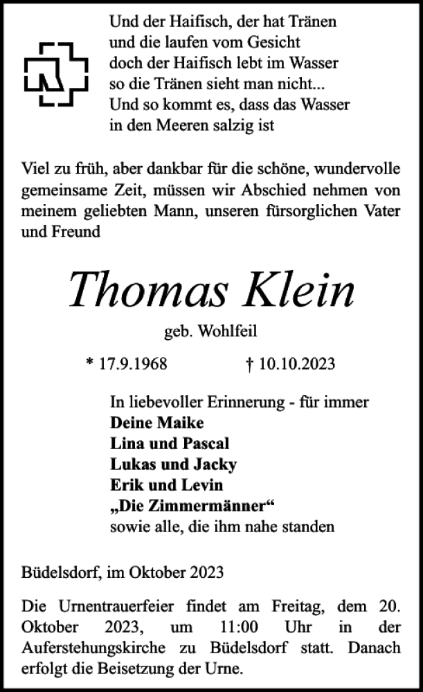  Traueranzeige für Thomas Klein vom 14.10.2023 aus Landeszeitung