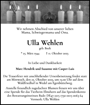 Traueranzeige von Ulla Wehlen von Wedel-Schulauer Tageblatt