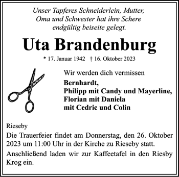 Traueranzeige von Uta Brandenburg von Eckernförder Zeitung