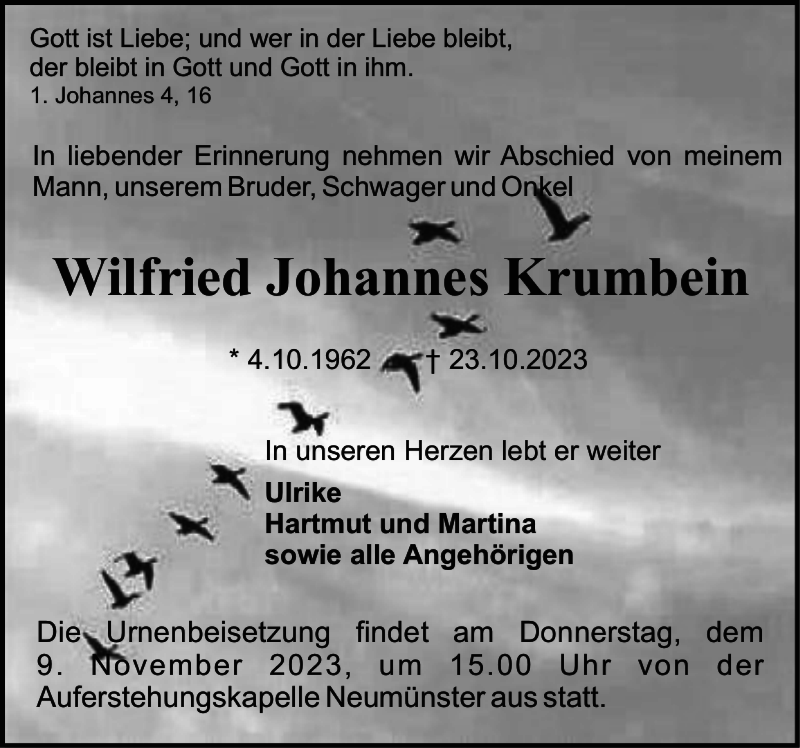  Traueranzeige für Wilfried Johannes Krumbein vom 28.10.2023 aus Holsteinischer Courier