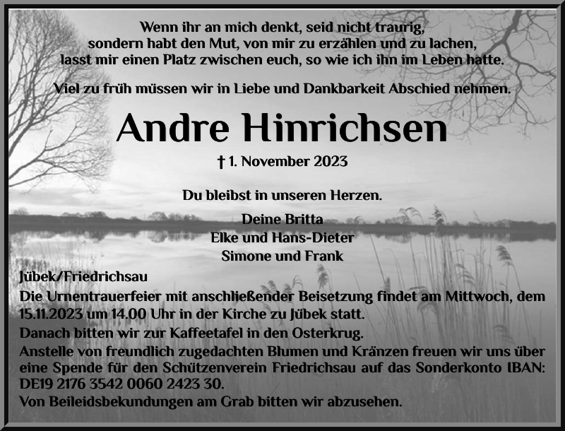  Traueranzeige für Andre Hinrichsen vom 08.11.2023 aus Schleswiger Nachrichten
