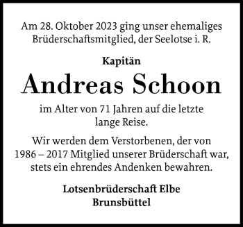 Traueranzeige von Andreas Schoon von Norddeutsche Rundschau