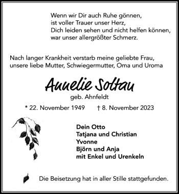 Traueranzeige von Annelie Soltau von Stormarner Tageblatt