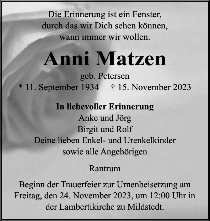  Traueranzeige für Anni Matzen vom 18.11.2023 aus Husumer Nachrichten
