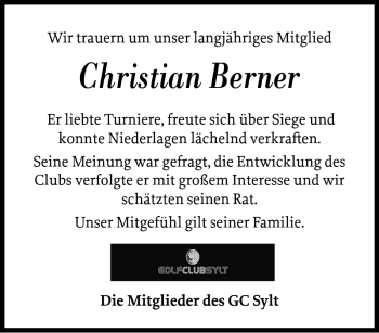 Traueranzeige von Christian Berner von Sylter Rundschau