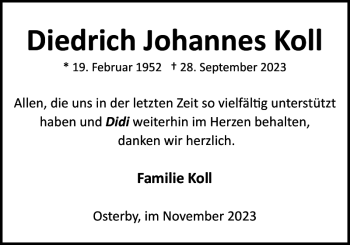 Traueranzeige von Diedrich Johannes Koll von Eckernförder Zeitung