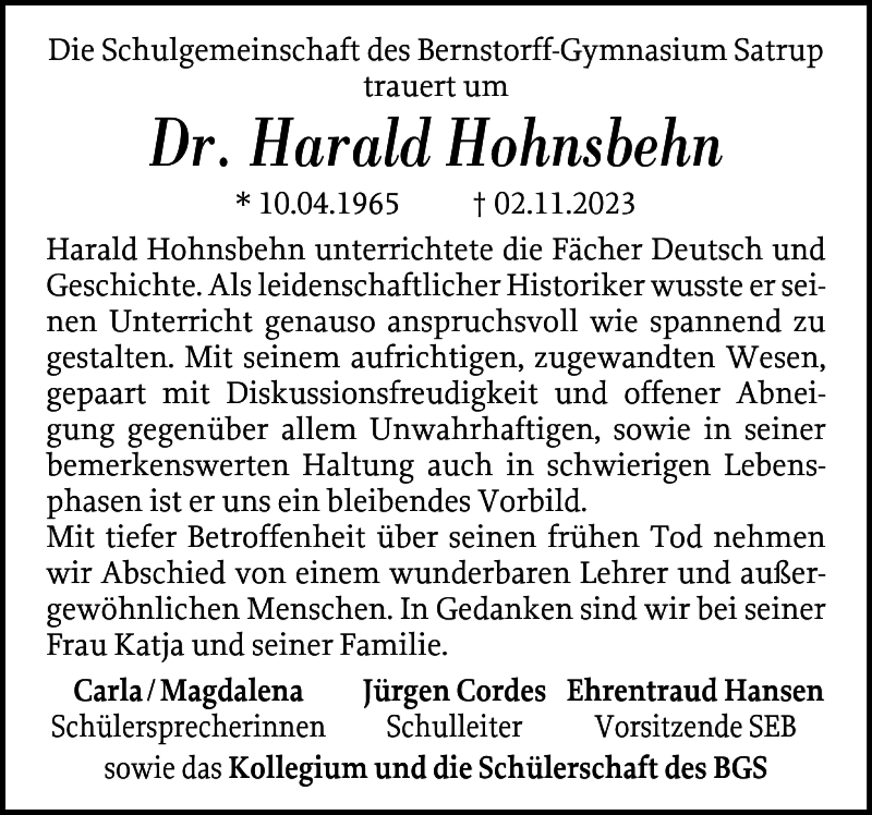  Traueranzeige für Dr. Harald Hohnsbehn vom 14.11.2023 aus Flensburger Tageblatt