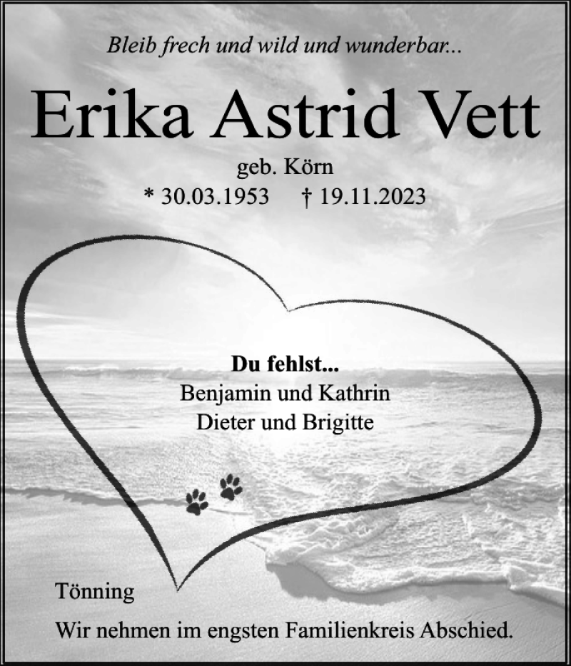  Traueranzeige für Erika Astrid Vett vom 24.11.2023 aus Husumer Nachrichten