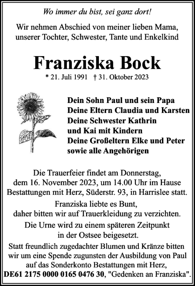  Traueranzeige für Franziska Bock vom 11.11.2023 aus Flensburger Tageblatt