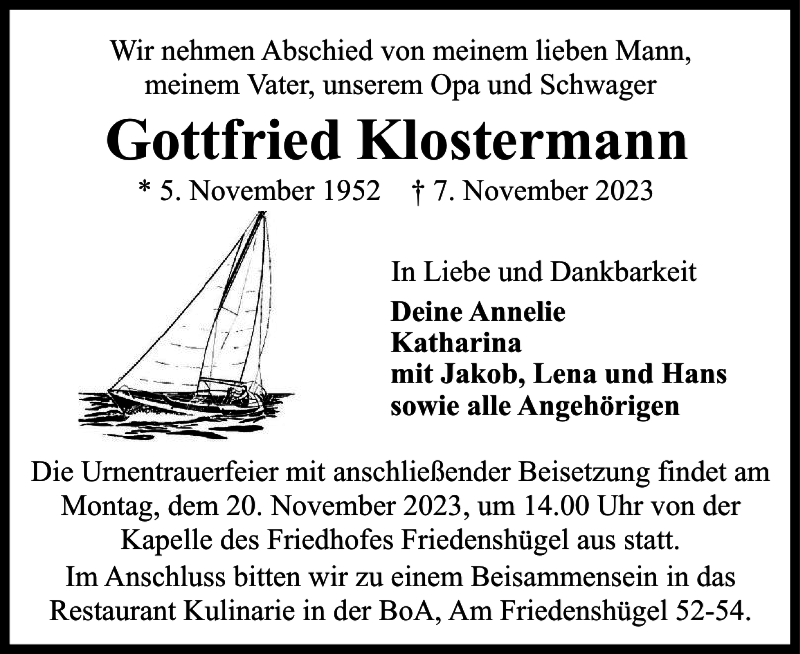  Traueranzeige für Gottfried Klostermann vom 15.11.2023 aus Flensburger Tageblatt