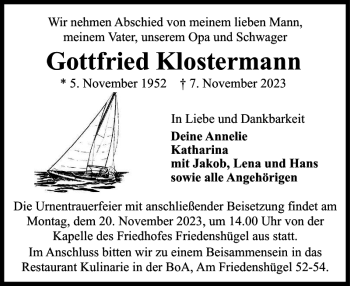 Traueranzeige von Gottfried Klostermann von Flensburger Tageblatt