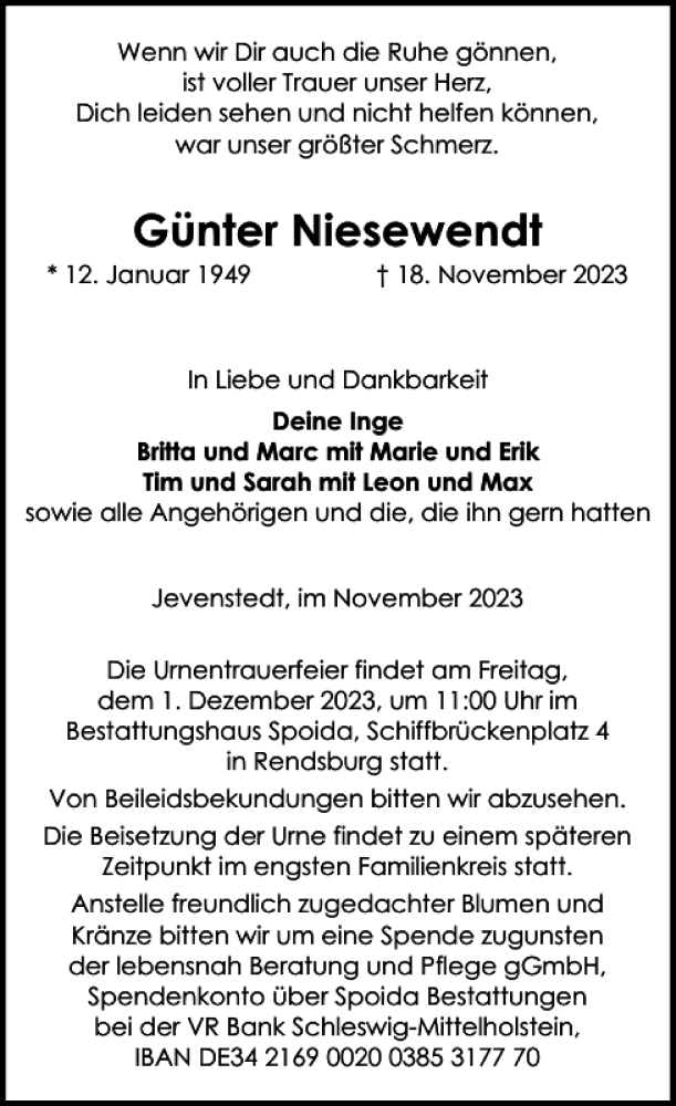  Traueranzeige für Günter Niesewendt vom 25.11.2023 aus Landeszeitung