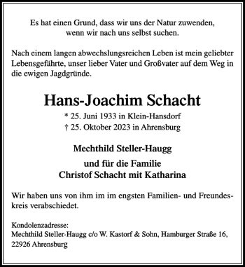 Traueranzeige von Hans-Joachim Schacht von Stormarner Tageblatt