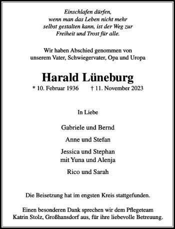 Traueranzeige von Harald Lüneburg von Stormarner Tageblatt