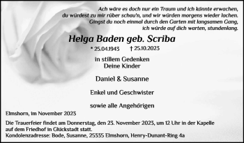 Traueranzeige von Helga Baden geb. Scriba von Norddeutsche Rundschau