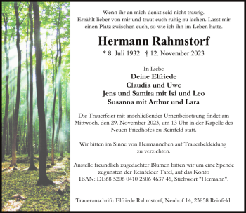 Traueranzeige von Hermann Rahmstorf von Stormarner Tageblatt