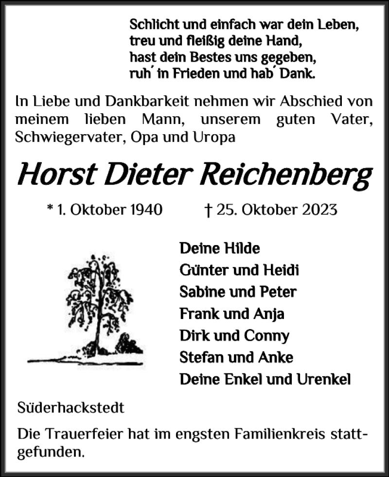  Traueranzeige für Horst Dieter Reichenberg vom 11.11.2023 aus Flensburger Tageblatt