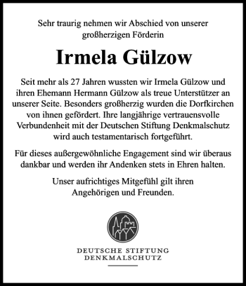 Traueranzeige von Irmela Gülzow von Ostholsteiner Anzeiger