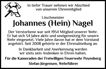 Traueranzeige von Johannes (Hein) Nagel von Norddeutsche Rundschau