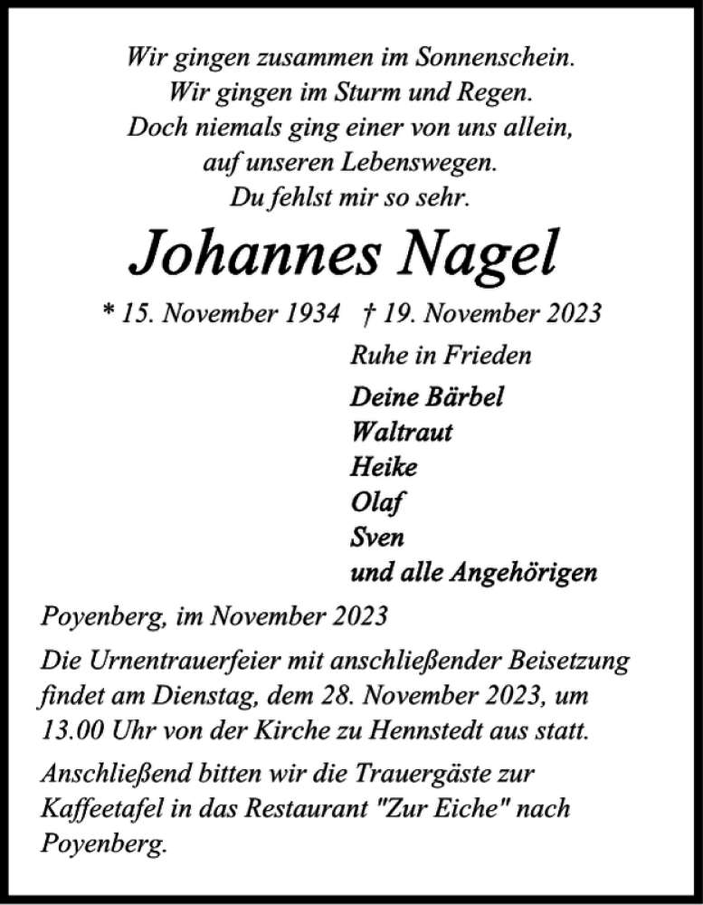  Traueranzeige für Johannes Nagel vom 24.11.2023 aus Norddeutsche Rundschau