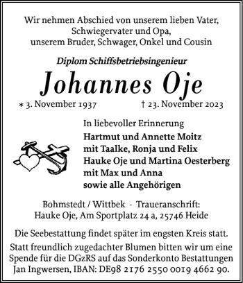 Traueranzeige von Johannes Oje von Husumer Nachrichten