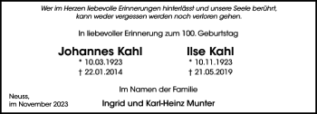 Traueranzeige von Johannes Kahl Ilse Kahl von Stormarner Tageblatt
