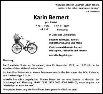 Traueranzeige von Karin Bernert von Flensburger Tageblatt