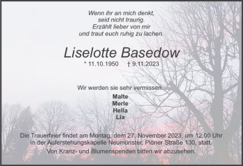 Traueranzeige von Liselotte Basedow von Holsteinischer Courier