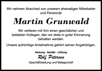 Traueranzeige von Martin Grunwald von Landeszeitung