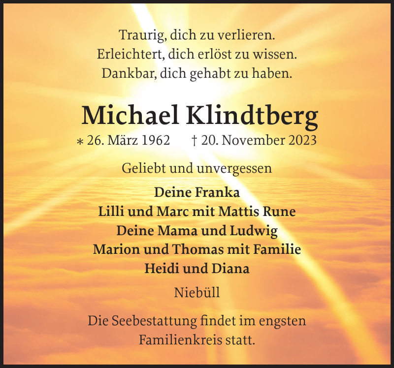  Traueranzeige für Michael Klindtberg vom 25.11.2023 aus Husumer Nachrichten