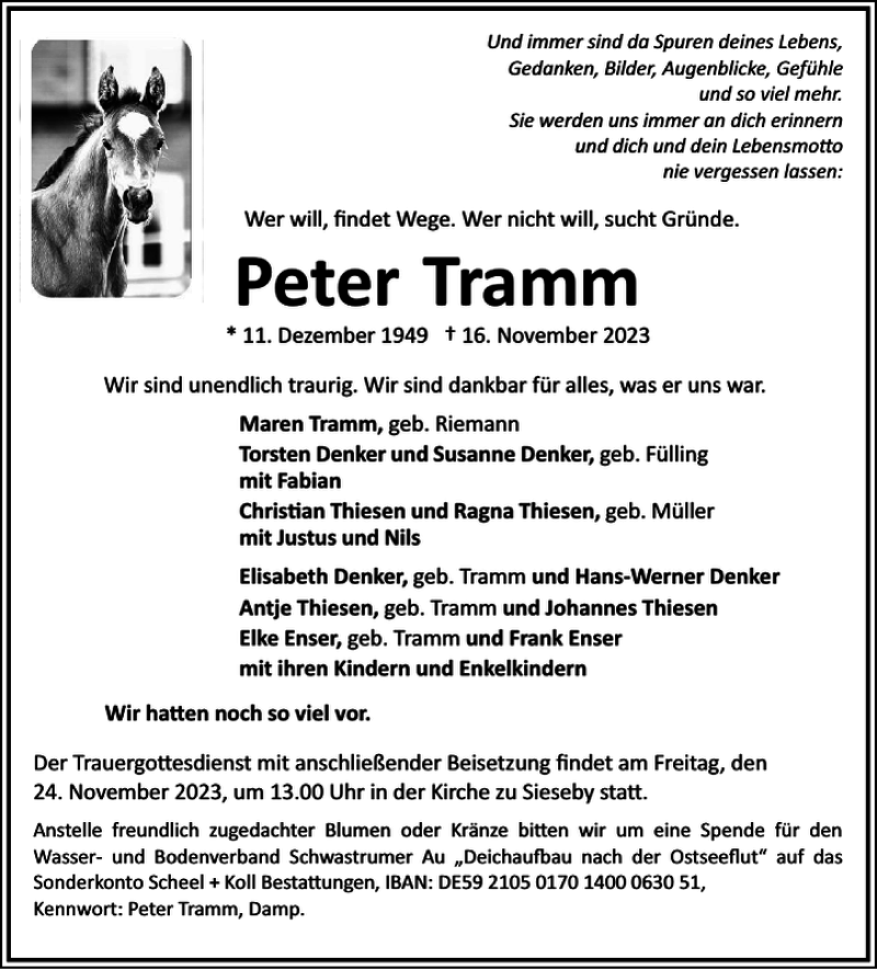  Traueranzeige für Peter Tramm vom 20.11.2023 aus Eckernförder Zeitung