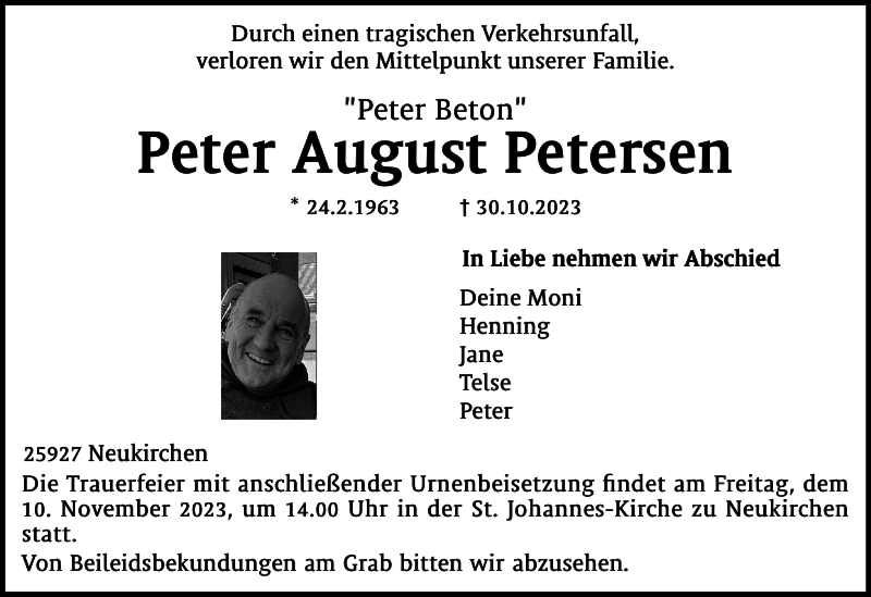  Traueranzeige für Peter August Petersen vom 04.11.2023 aus Husumer Nachrichten