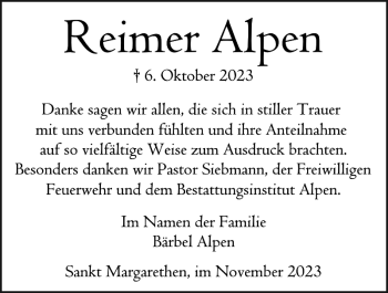 Traueranzeige von Reimer Alpen von Norddeutsche Rundschau