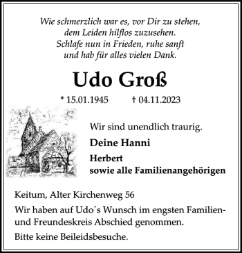 Traueranzeige von Udo Groß von Sylter Rundschau