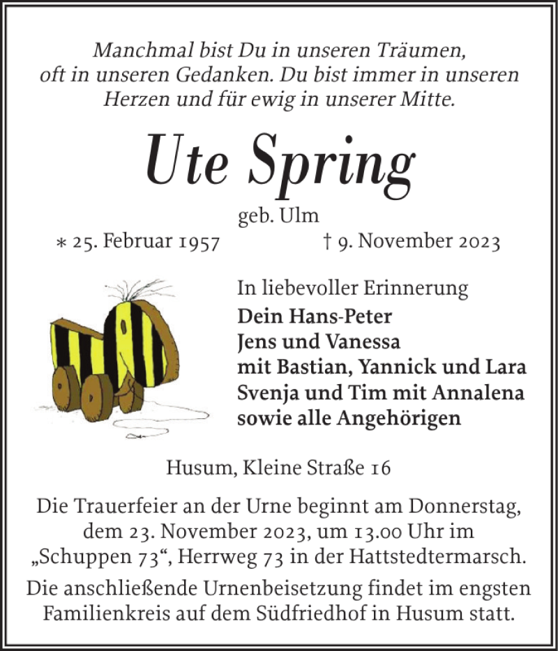  Traueranzeige für Ute Spring vom 17.11.2023 aus Husumer Nachrichten