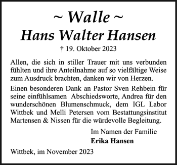 Traueranzeige von Walle  von Husumer Nachrichten