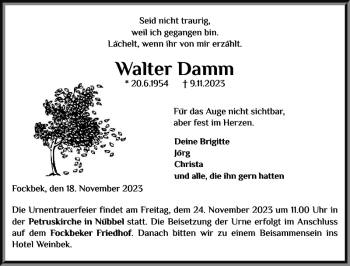 Traueranzeige von Walter Damm von Landeszeitung