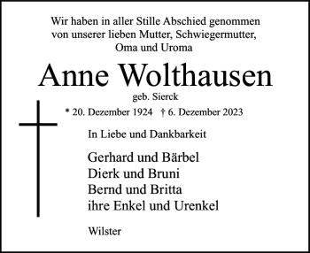Traueranzeige von Anne Wolthausen von Norddeutsche Rundschau