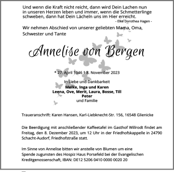 Traueranzeige von Annelise von Bergen von Landeszeitung
