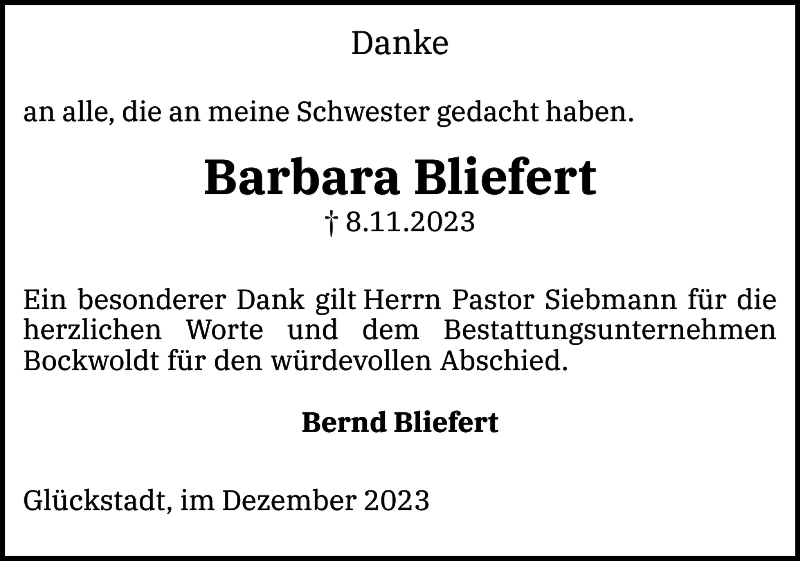  Traueranzeige für Barbara Bliefert vom 09.12.2023 aus Norddeutsche Rundschau