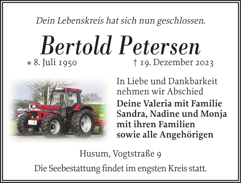  Traueranzeige für Bertold Petersen vom 23.12.2023 aus Husumer Nachrichten