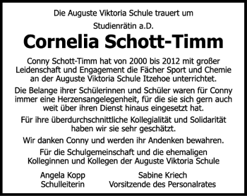 Traueranzeige von Cornelia Schott-Timm von Norddeutsche Rundschau