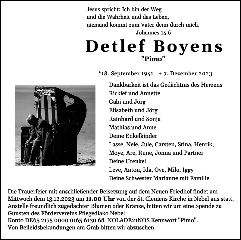  Traueranzeige für Detlef Boyens vom 09.12.2023 aus Der Insel-Bote
