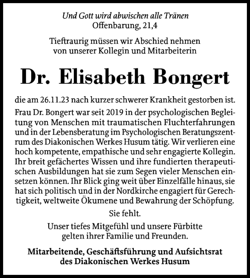  Traueranzeige für Dr. Elisabeth Bongert vom 09.12.2023 aus Husumer Nachrichten