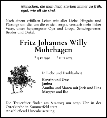 Traueranzeige von Fritz Johannes Willy Mohrhagen von Pinneberger Tageblatt