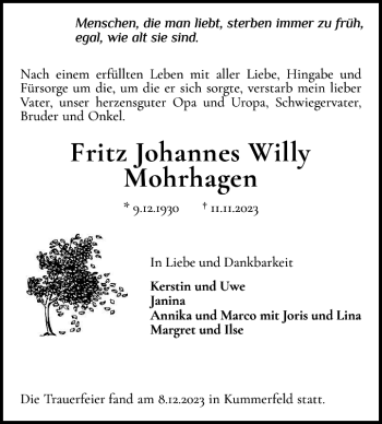 Traueranzeige von Fritz Johannes Willy Mohrhagen von Pinneberger Tageblatt