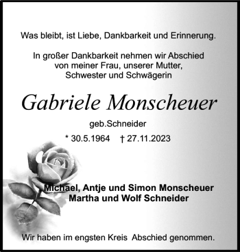 Traueranzeige von Gabriele Monscheuer von Holsteinischer Courier