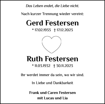 Traueranzeige von Gerd Festersen Ruth Festersen von Flensburger Tageblatt