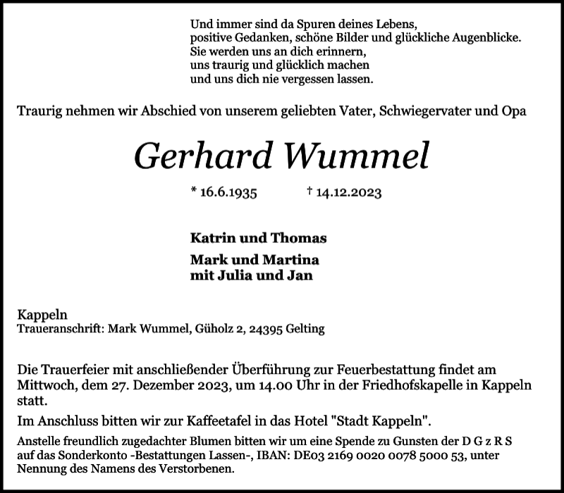  Traueranzeige für Gerhard Wummel vom 23.12.2023 aus Schleswiger Nachrichten